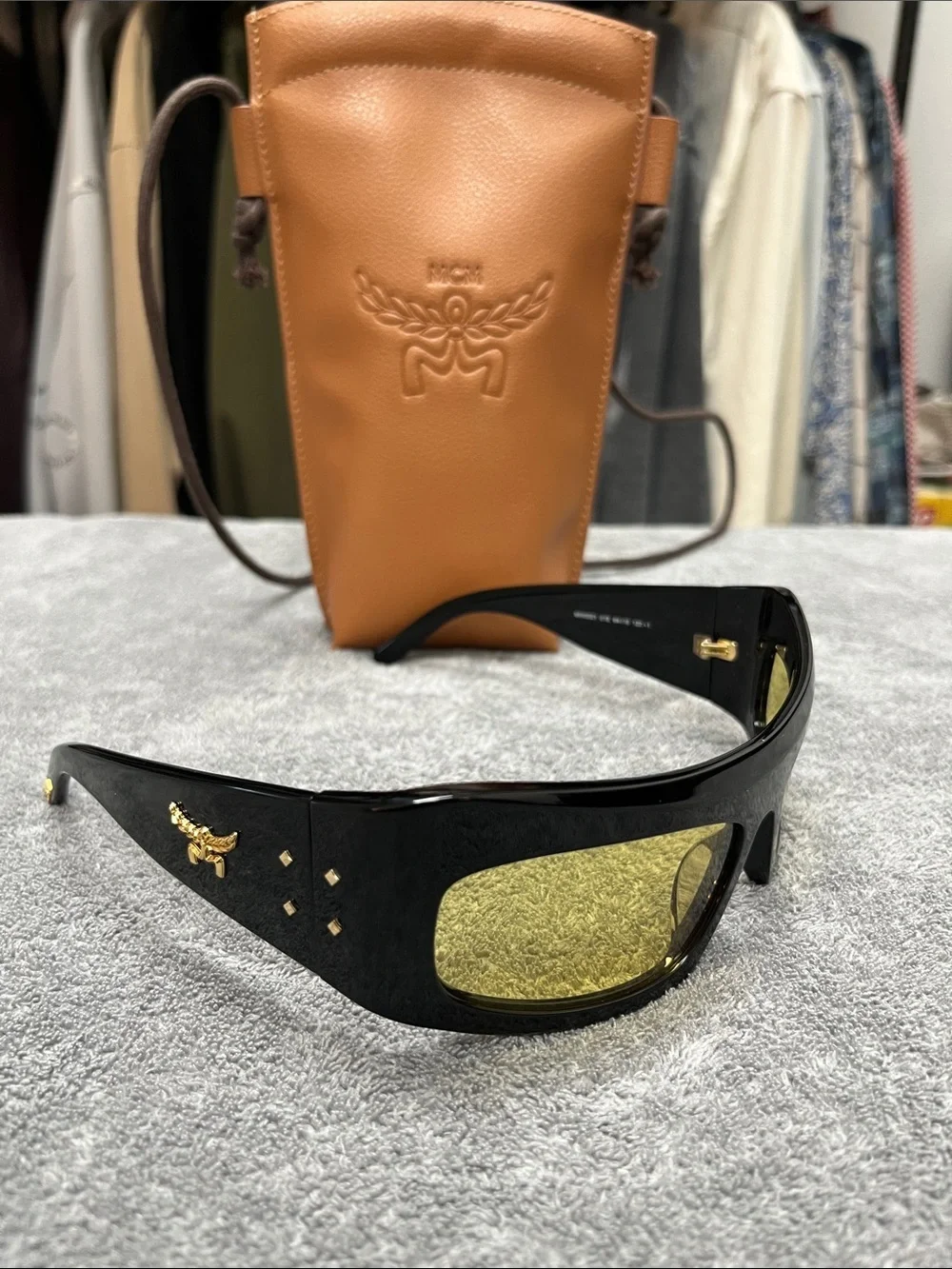 MCM Black Shield Sunglasses with Brown Embossed Leather Case and Yellow Lenses